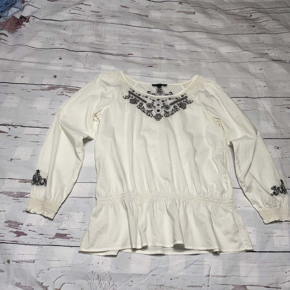 Nine West Tunic‎ Blouse Womens M White Embroidered Floral Top Cotton